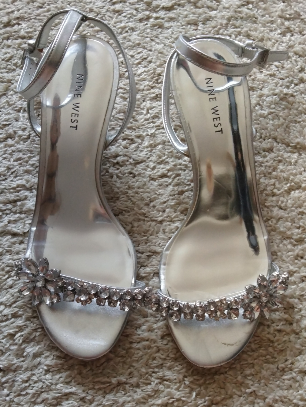 Nine West Silver Jeweled Ankle-Strap Sandals